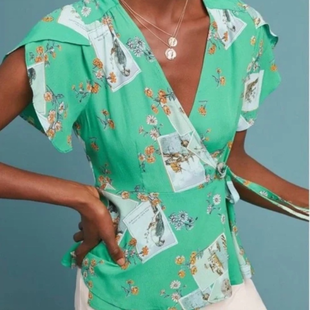 Anthropologie Meadow Rue Bon Voyage Green Bird Print Wrap Blouse